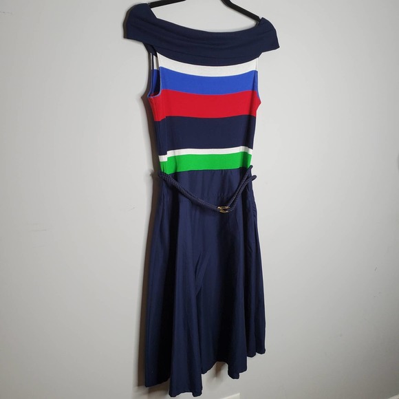 LAUREN RALPH LAUREN Navy Blue Off Shoulder Belted 100% Cotton Dress Sz Small S - Picture 2 of 5